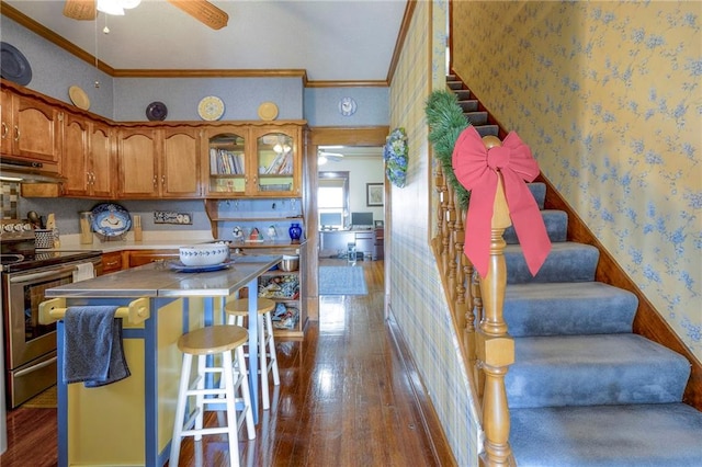 kitchen with ceiling fan, a breakfast bar area, dark hardwood / wood-style flooring, stainless steel electric stove, and ornamental molding