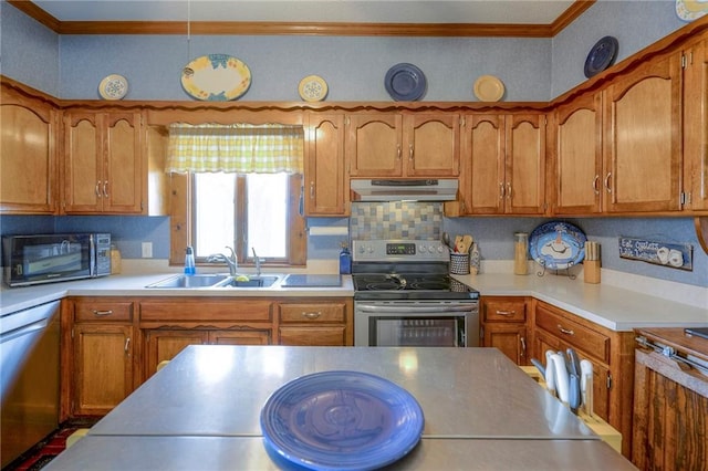 kitchen featuring decorative backsplash, sink, stainless steel appliances, and ornamental molding