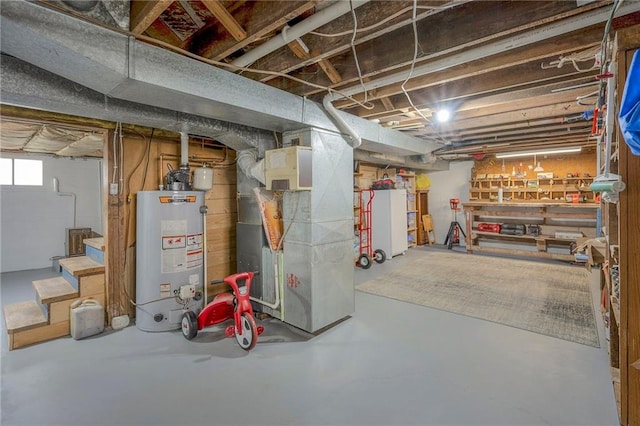 basement with heating unit and gas water heater