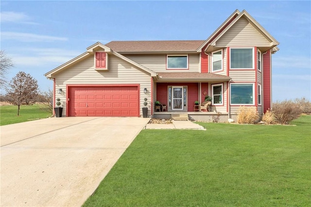 view of front of house with a garage, covered porch, and a front lawn