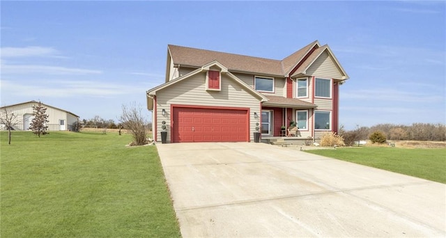 view of front facade with a porch, a garage, and a front yard