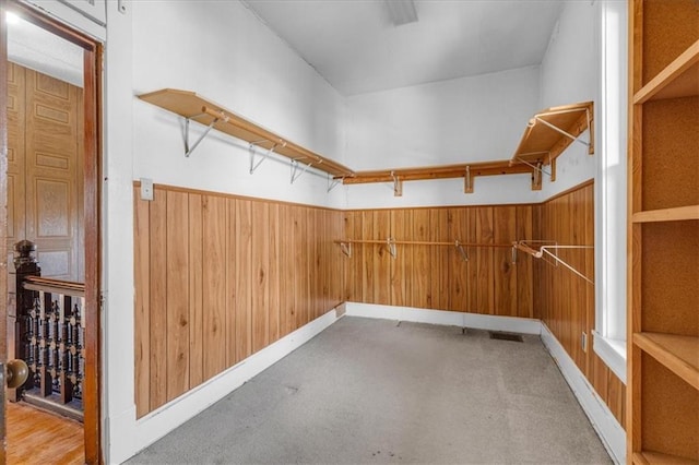 spacious closet featuring light colored carpet