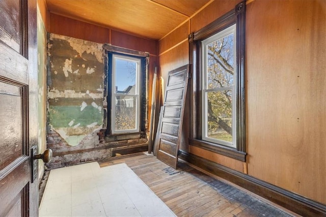 interior space featuring hardwood / wood-style flooring, wood walls, and wood ceiling