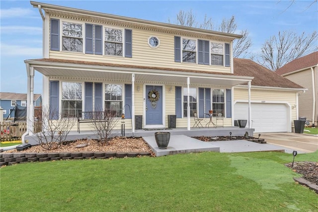 colonial house featuring a garage, a front lawn, and covered porch