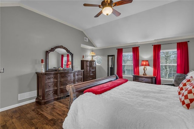 bedroom with lofted ceiling, dark wood-type flooring, and ceiling fan