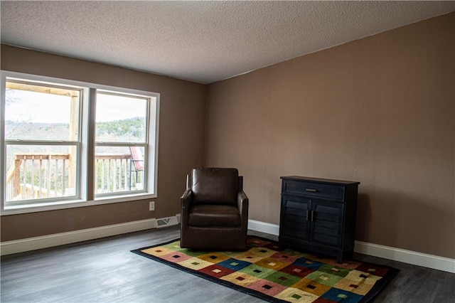 living area with a textured ceiling and dark hardwood / wood-style floors