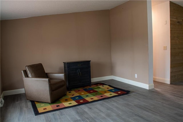 sitting room featuring a textured ceiling, lofted ceiling, and dark wood-type flooring