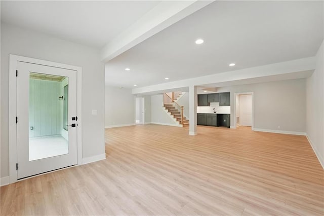 1406 NW 106th Ter, Kansas City, MO 64155 - unfurnished living room with stairs, light wood-type flooring, and recessed lighting