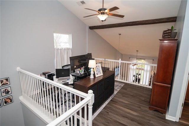 interior space with dark wood-type flooring and vaulted ceiling with beams