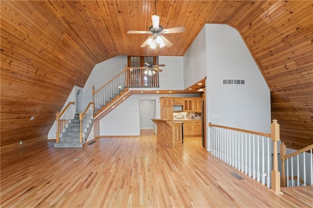 unfurnished living room with ceiling fan, wooden ceiling, high vaulted ceiling, wooden walls, and light wood-type flooring