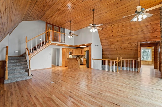 unfurnished living room with ceiling fan, wooden ceiling, high vaulted ceiling, and light hardwood / wood-style flooring