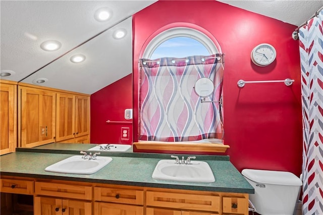 bathroom with vanity, toilet, and lofted ceiling