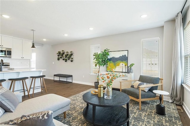 living room with dark hardwood / wood-style floors and a healthy amount of sunlight