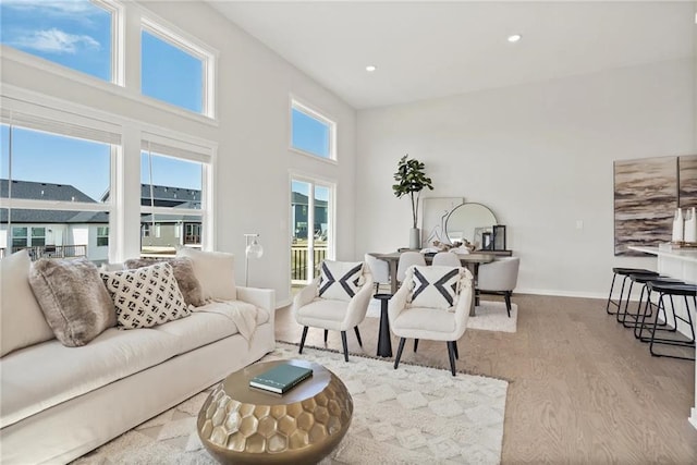 living room with a towering ceiling and light hardwood / wood-style flooring