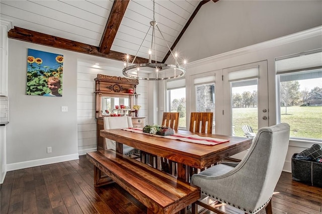 dining area featuring french doors, high vaulted ceiling, a notable chandelier, beamed ceiling, and dark hardwood / wood-style floors