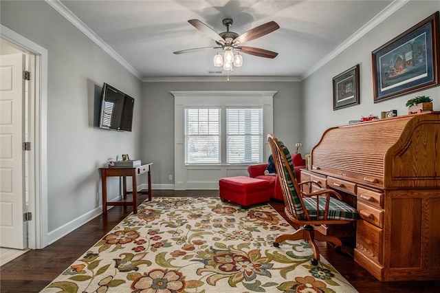 office featuring ceiling fan, dark hardwood / wood-style flooring, and crown molding