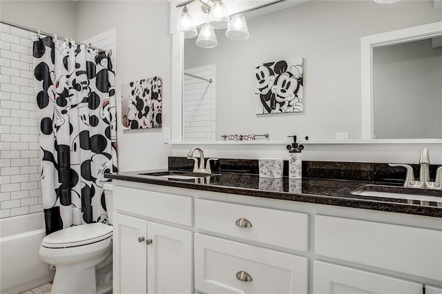 full bathroom with vanity, toilet, and shower / bathtub combination with curtain