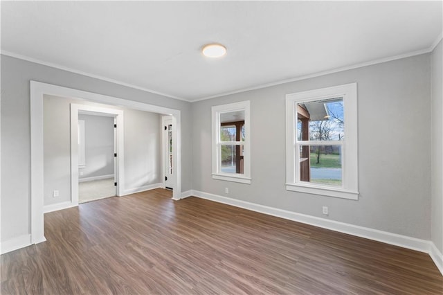 spare room with ornamental molding and dark wood-type flooring