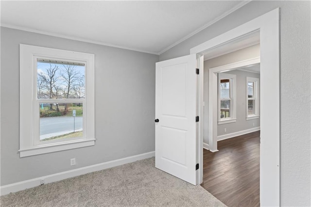 empty room featuring wood-type flooring and ornamental molding