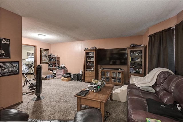 living room with a textured ceiling and carpet floors