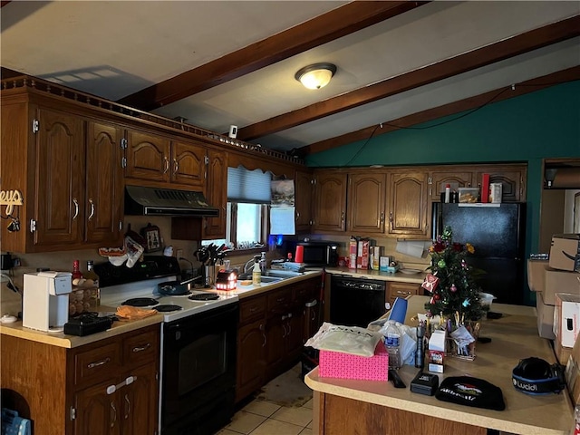 kitchen with lofted ceiling with beams, under cabinet range hood, light countertops, black appliances, and a sink