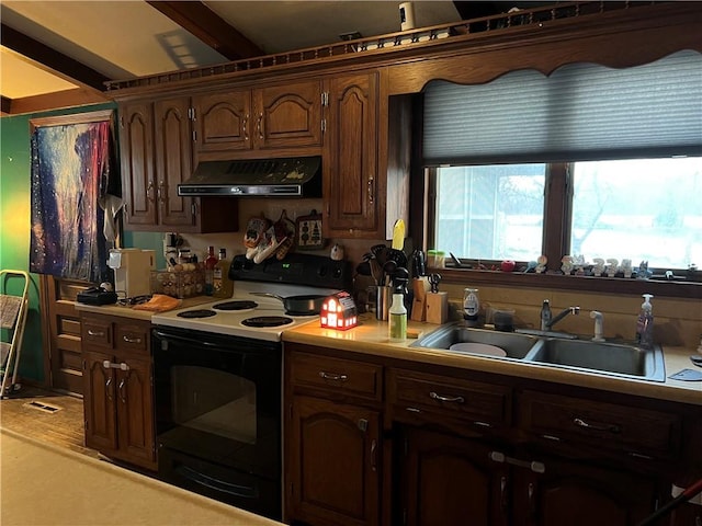 kitchen with beam ceiling, sink, white electric stove, and extractor fan