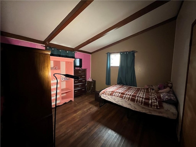 bedroom with vaulted ceiling with beams and dark wood-style flooring