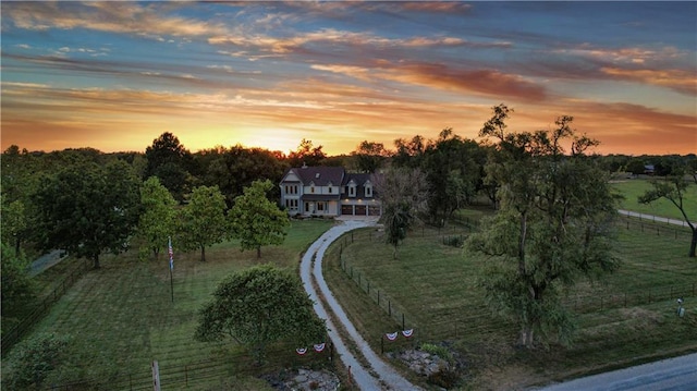 aerial view at dusk with a rural view