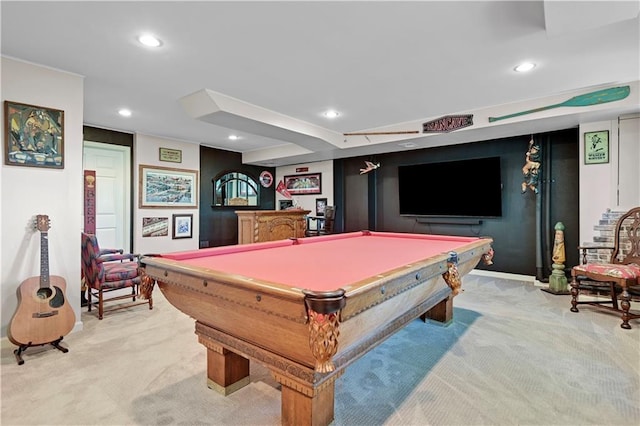 rec room with pool table and light colored carpet