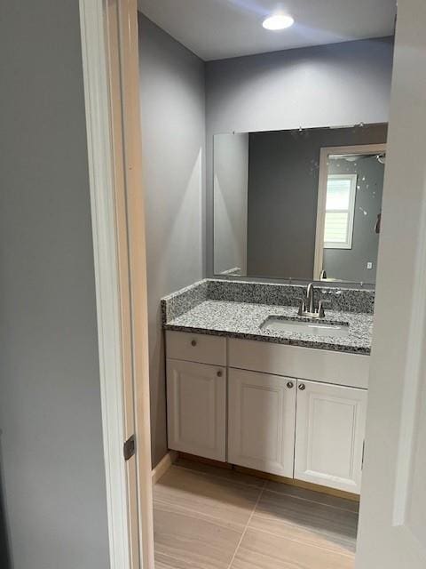 bathroom with wood-type flooring and vanity