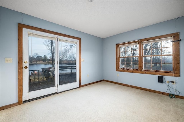 spare room with light carpet and a water view