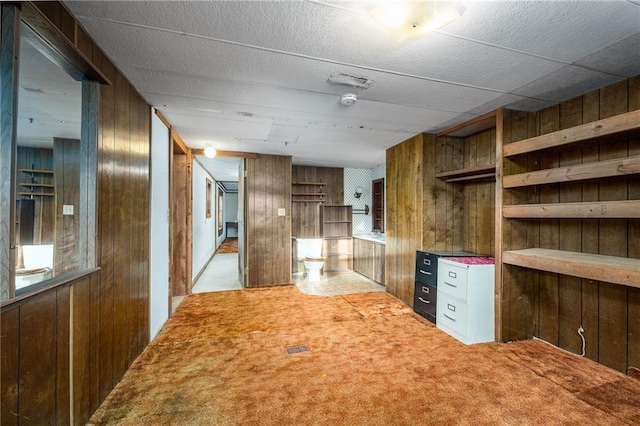 hall featuring carpet and wooden walls