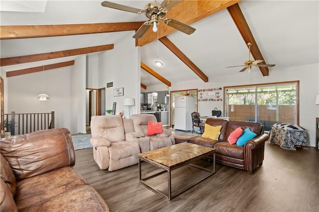 living room with beamed ceiling, ceiling fan, wood-type flooring, and high vaulted ceiling