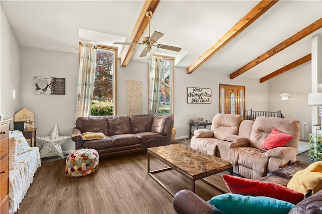 living room with hardwood / wood-style flooring and lofted ceiling with beams