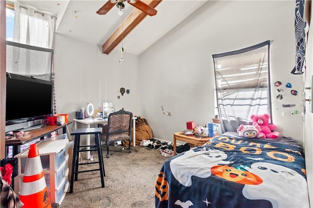 bedroom with vaulted ceiling with beams, ceiling fan, and carpet flooring