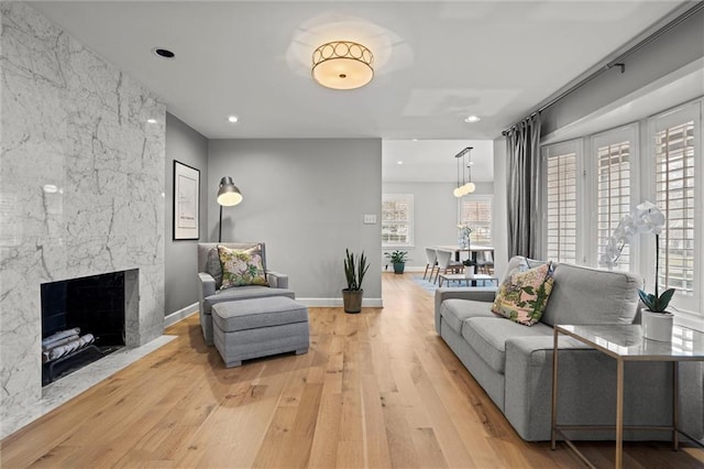 living room featuring a high end fireplace and light hardwood / wood-style floors