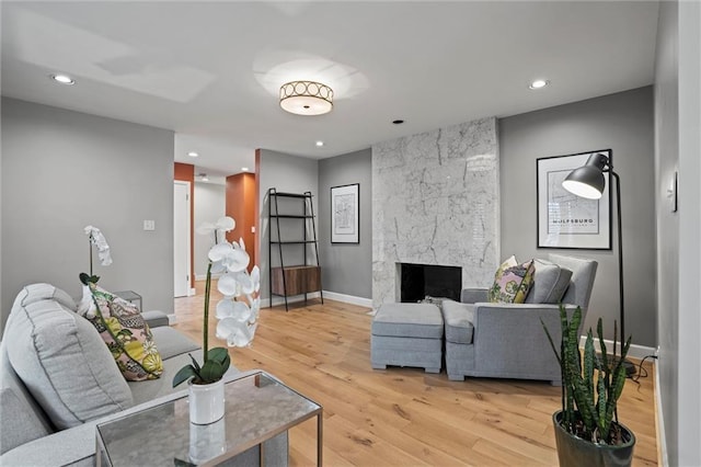 living room with wood-type flooring and a fireplace