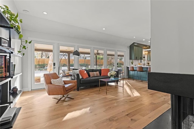 living room with a wealth of natural light and light hardwood / wood-style flooring