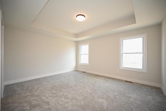 carpeted spare room featuring a tray ceiling