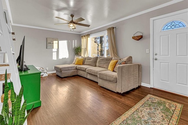 living room with ceiling fan, crown molding, and dark hardwood / wood-style floors