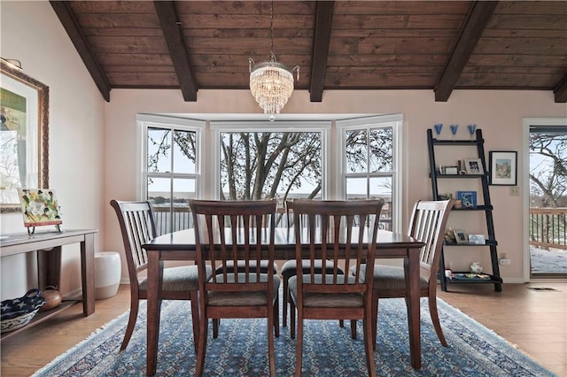 dining area featuring hardwood / wood-style flooring, a healthy amount of sunlight, and wood ceiling