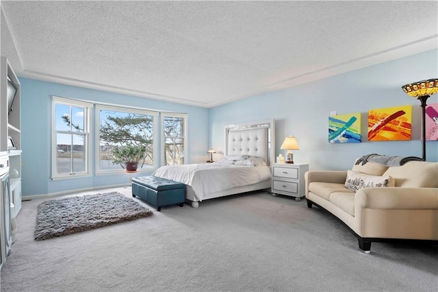 bedroom with carpet flooring and a textured ceiling