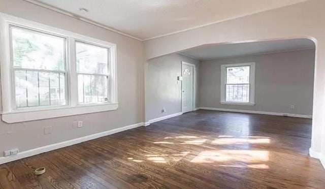 empty room featuring dark hardwood / wood-style flooring and crown molding