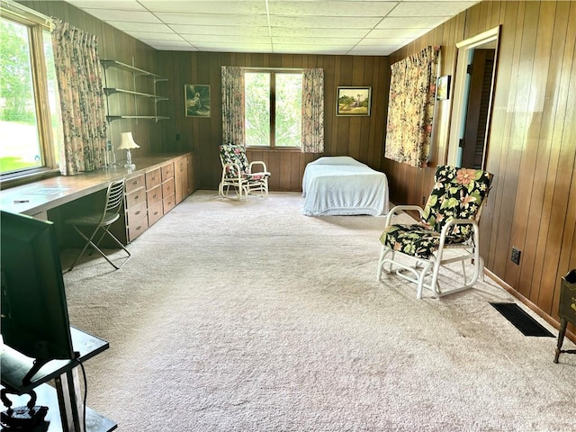 carpeted bedroom with wood walls