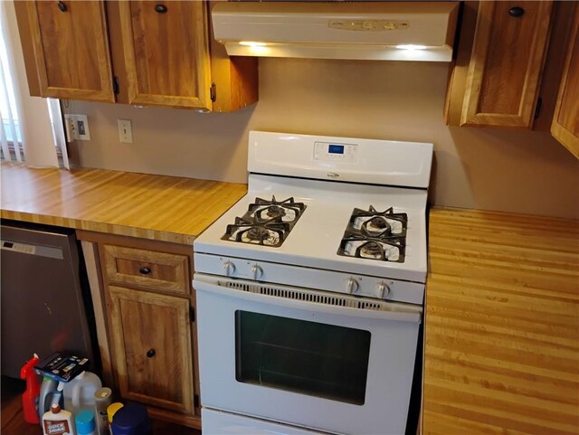 kitchen with white range with gas cooktop, dishwasher, wood-type flooring, and ventilation hood