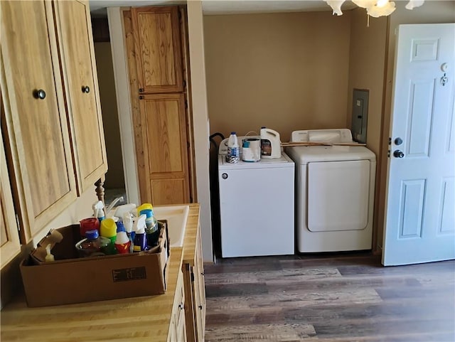 clothes washing area with washing machine and clothes dryer, electric panel, and dark hardwood / wood-style floors