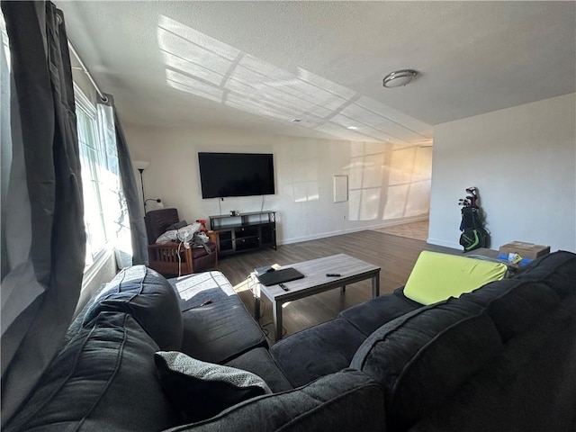 living room with hardwood / wood-style flooring and a textured ceiling