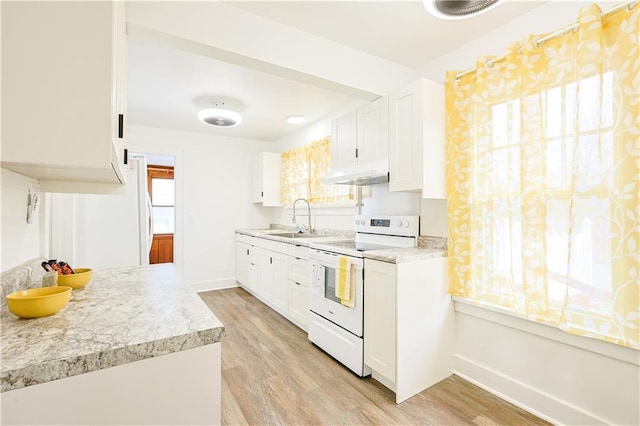 kitchen with white cabinets, white range with electric stovetop, light wood-type flooring, and sink