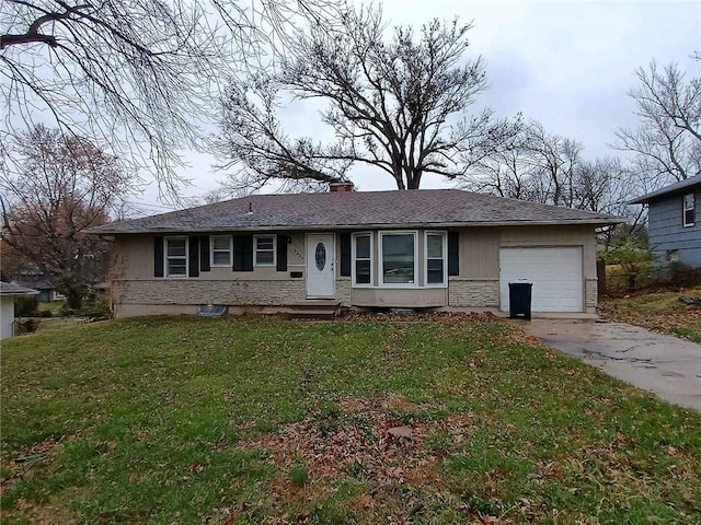 ranch-style home with a garage and a front yard