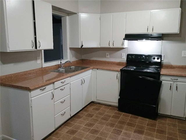 6204 Fairlane Dr, Kansas City, MO 64134 - kitchen featuring black range with electric stovetop, under cabinet range hood, and white cabinetry